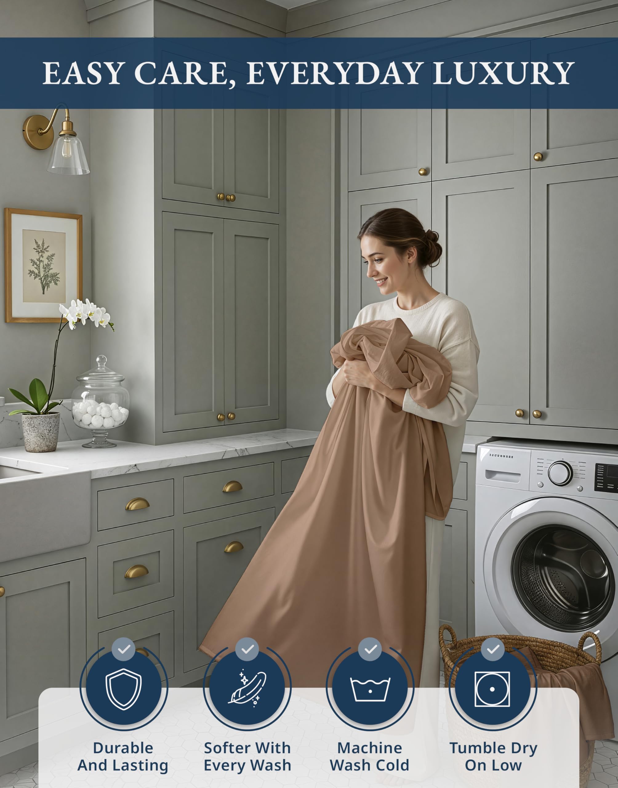 LANE LINEN étiquette d'entretien montrant instructions lavage à froid et séchage doux