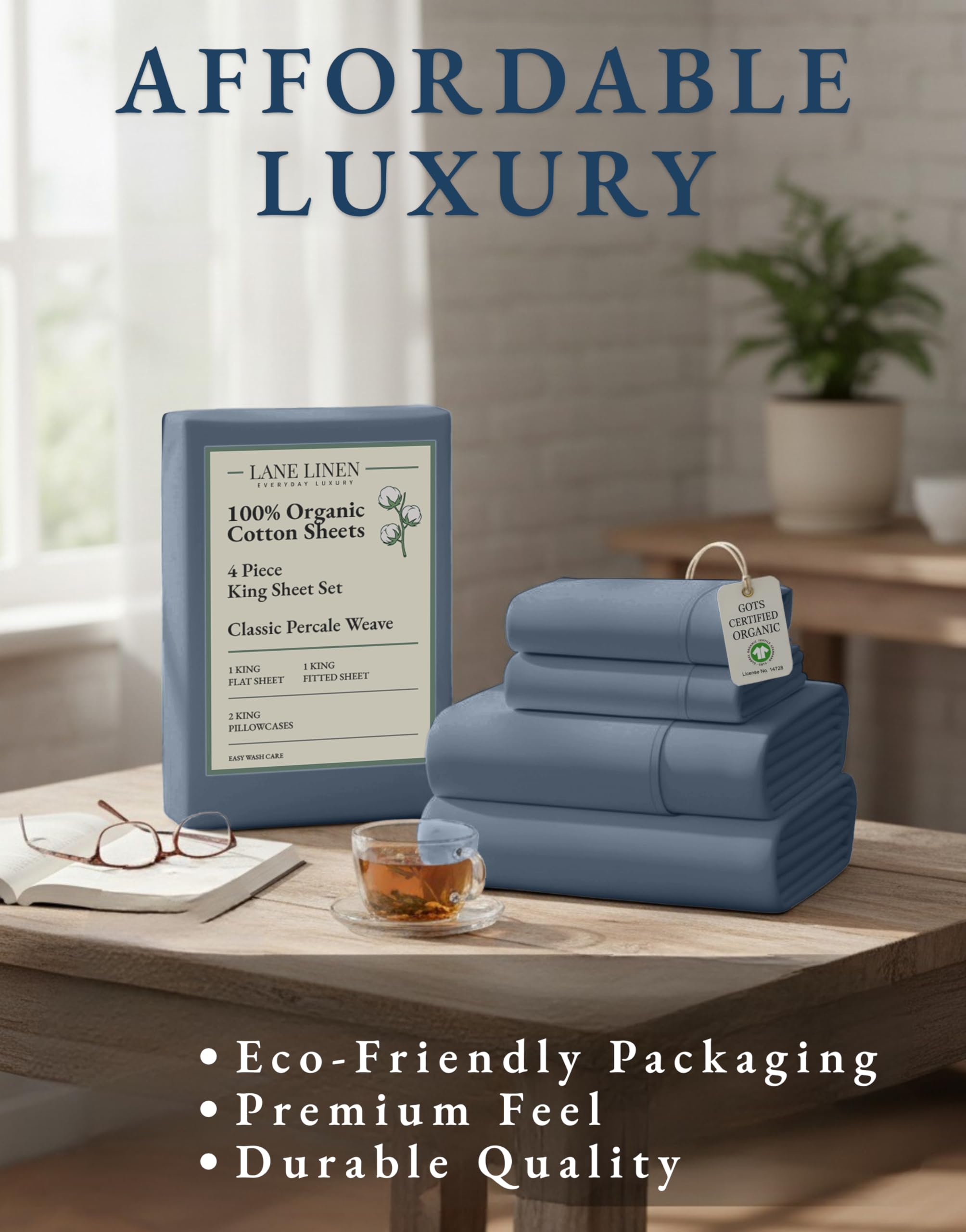 LANE LINEN mise en scène chambre King Estate Blue, ambiance calme et confortable