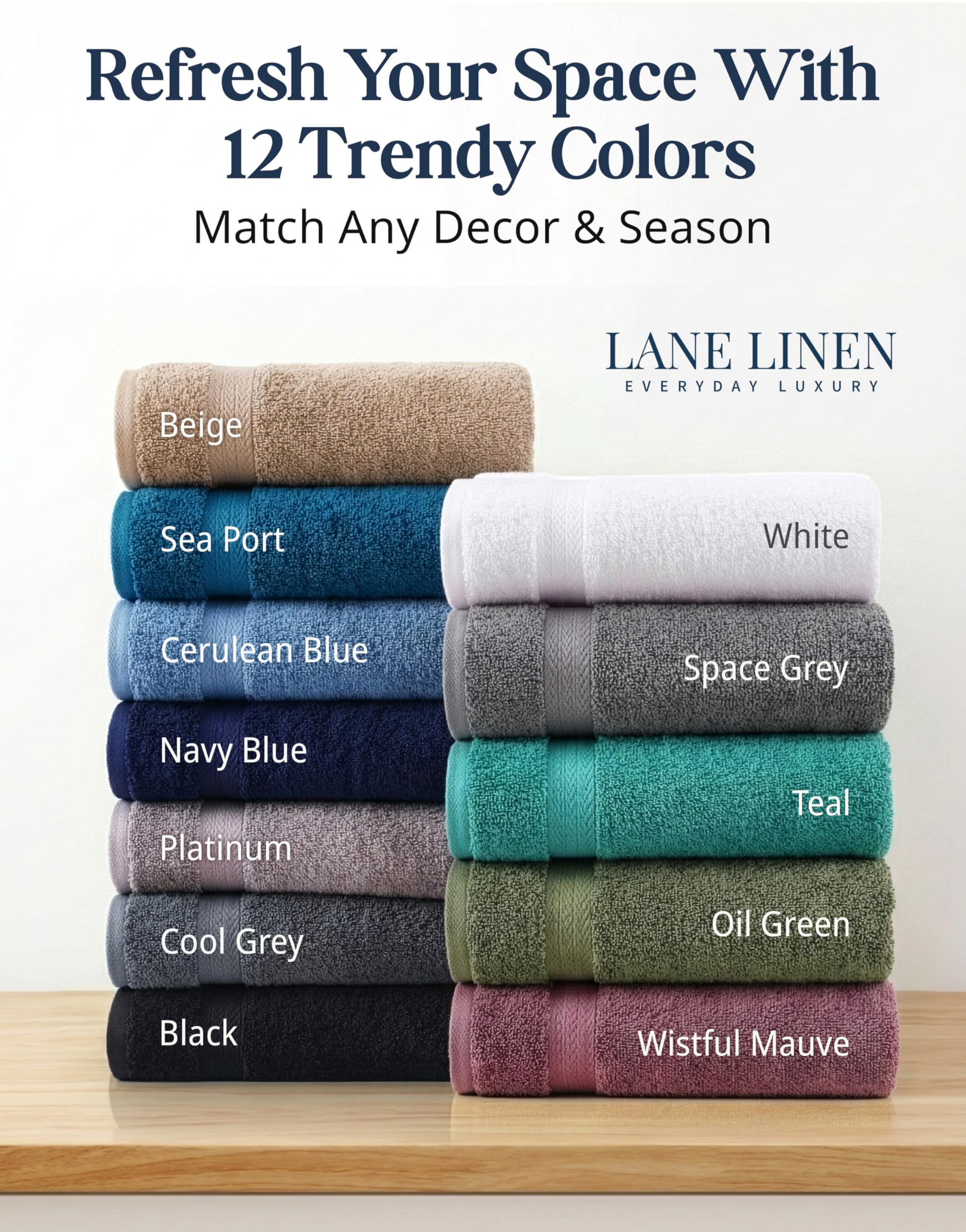 LANE LINEN serviettes disposées dans salle de bain verte pour ambiance spa