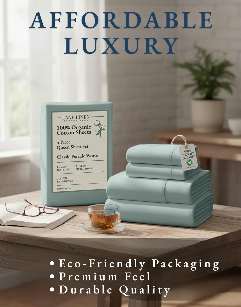 LANE LINEN lit habillé en Bleu Français dans une chambre stylée pour ambiance apaisante