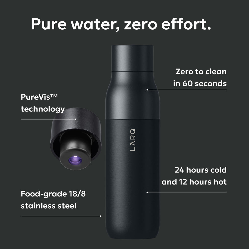 LARQ gros plan du bouchon UV‑C montrant technologie de purification sûre