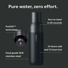 LARQ gros plan du bouchon UV‑C montrant technologie de purification sûre