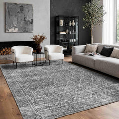 Latte&Fog tapis 5x7 face avant montrant motif gris et bénéfice d'intégration déco