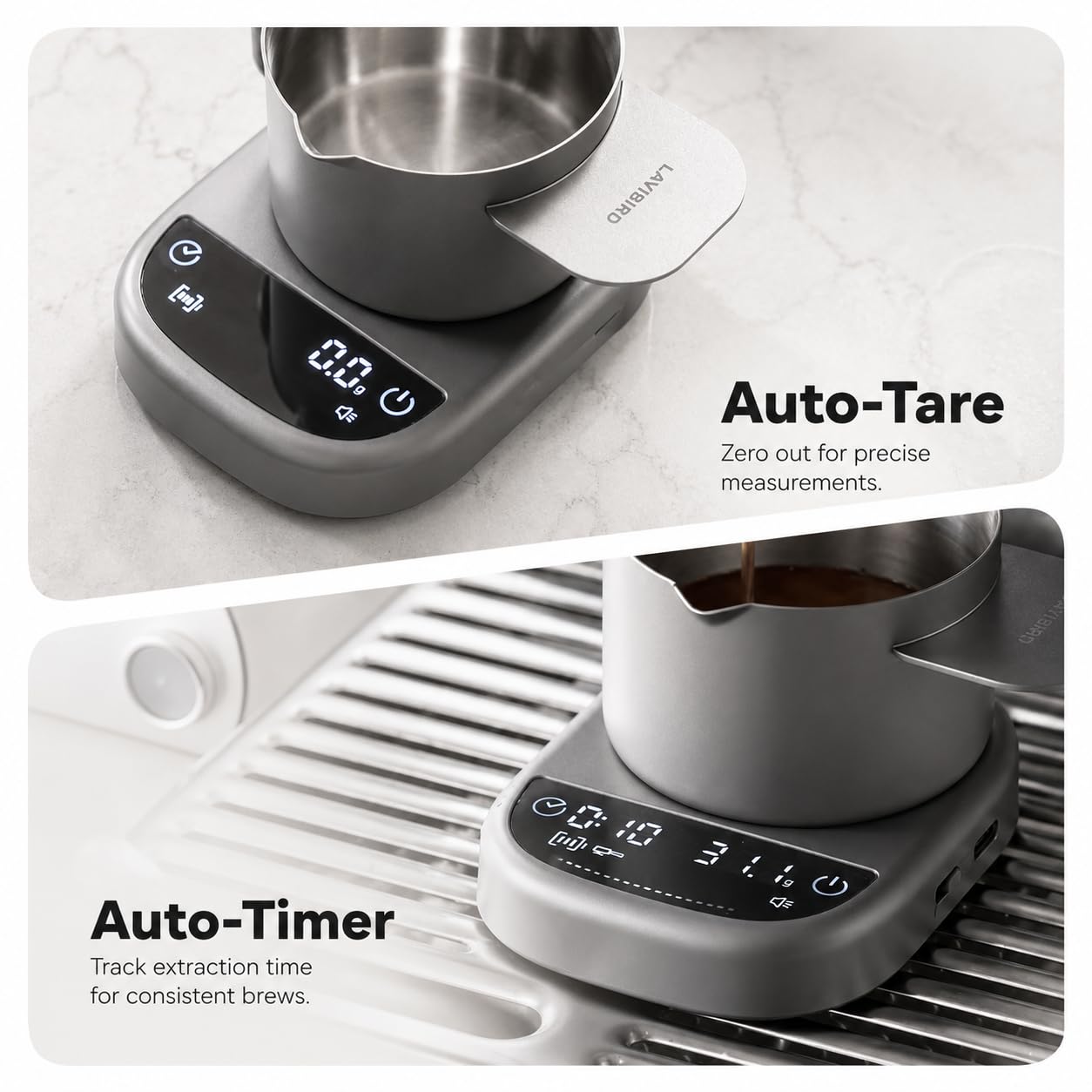 LAYBIRD MagAttach Pro utilisée pour peser sortie d'espresso précise