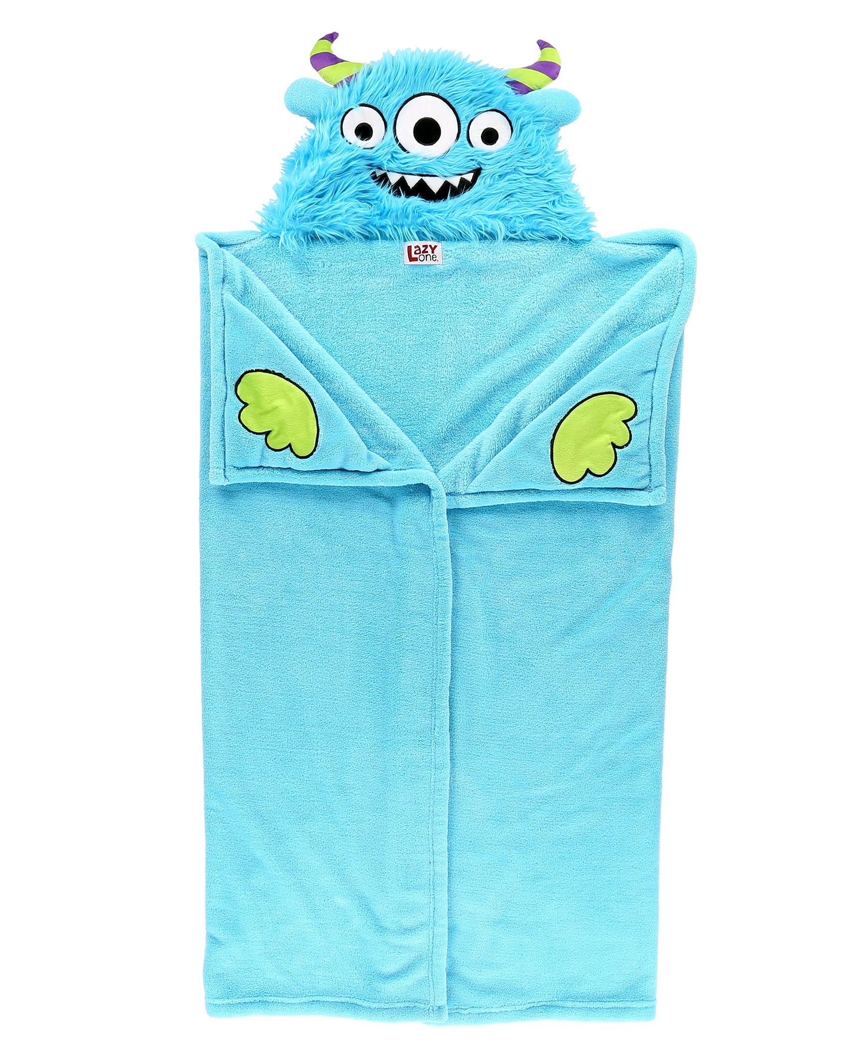 Lazy One Monster gros plan broderie capuche montrant finition durable et détails ludiques