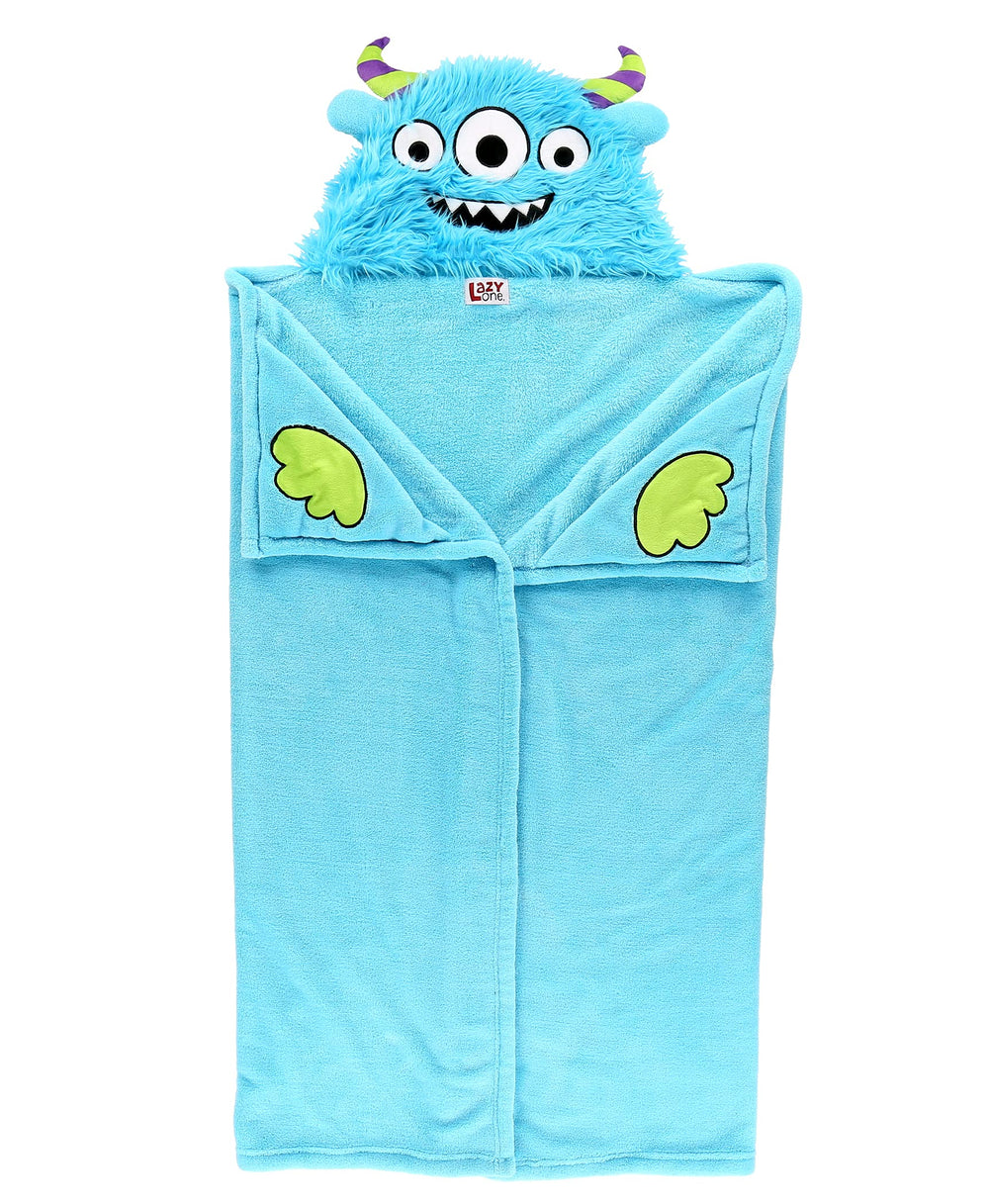 Lazy One Monster gros plan broderie capuche montrant finition durable et détails ludiques