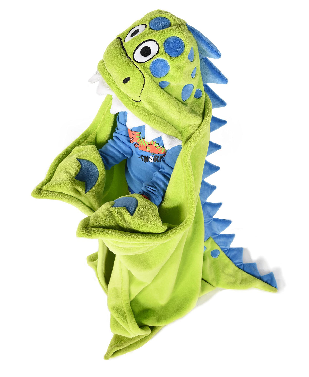 Lazy One plaid à capuche dinosaure, vue frontale montrant motif amusant et chaleur