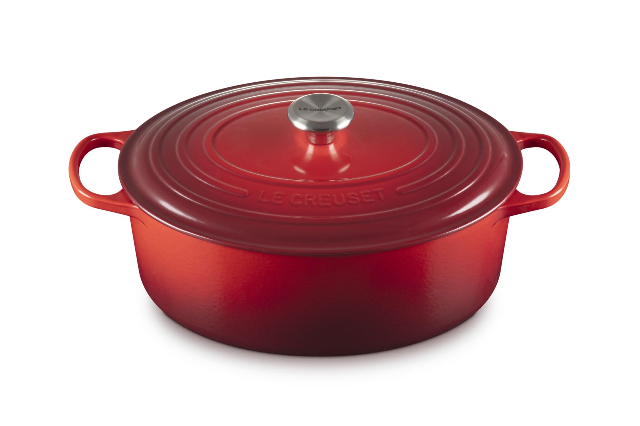 Le Creuset cocotte ovale cerise vue de face, finition brillante et élégante