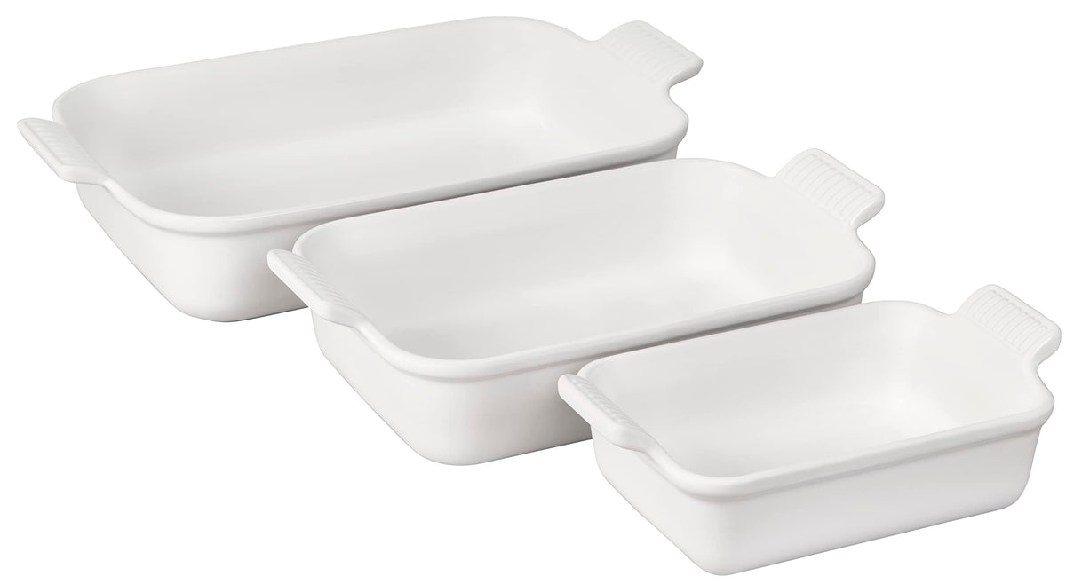 Le Creuset ensemble face avant blanc présentant les trois plats, esthétique et polyvalence