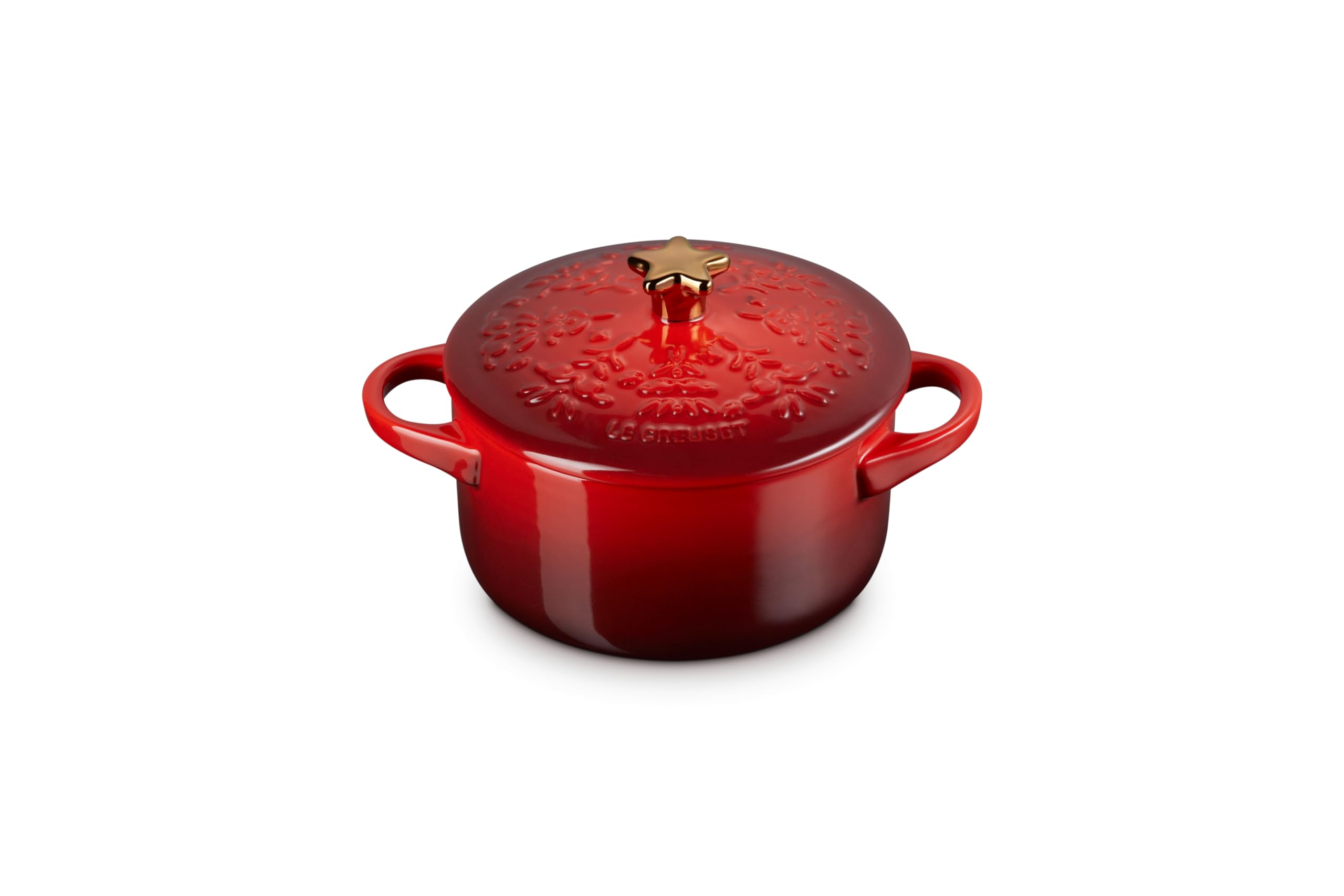 Le Creuset mini cocotte face avant montrant couleur cerise et forme pratique