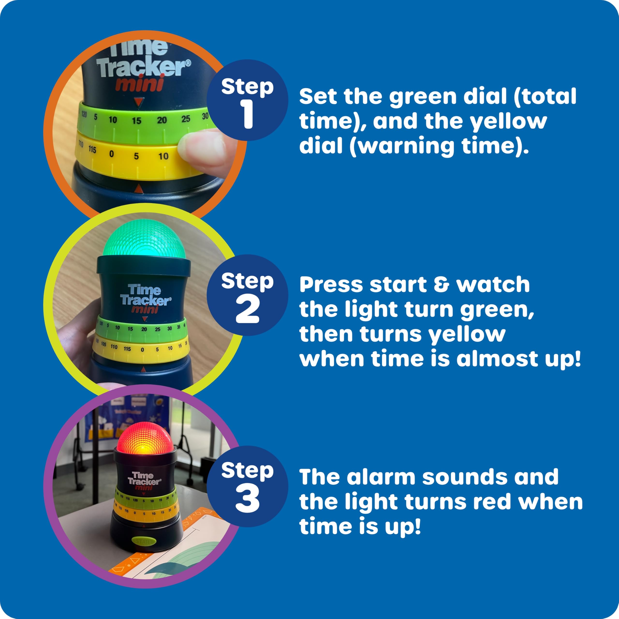 Learning Resources gros plan sur l'étiquette et les boutons du Time Tracker Mini, lisibilité des commandes