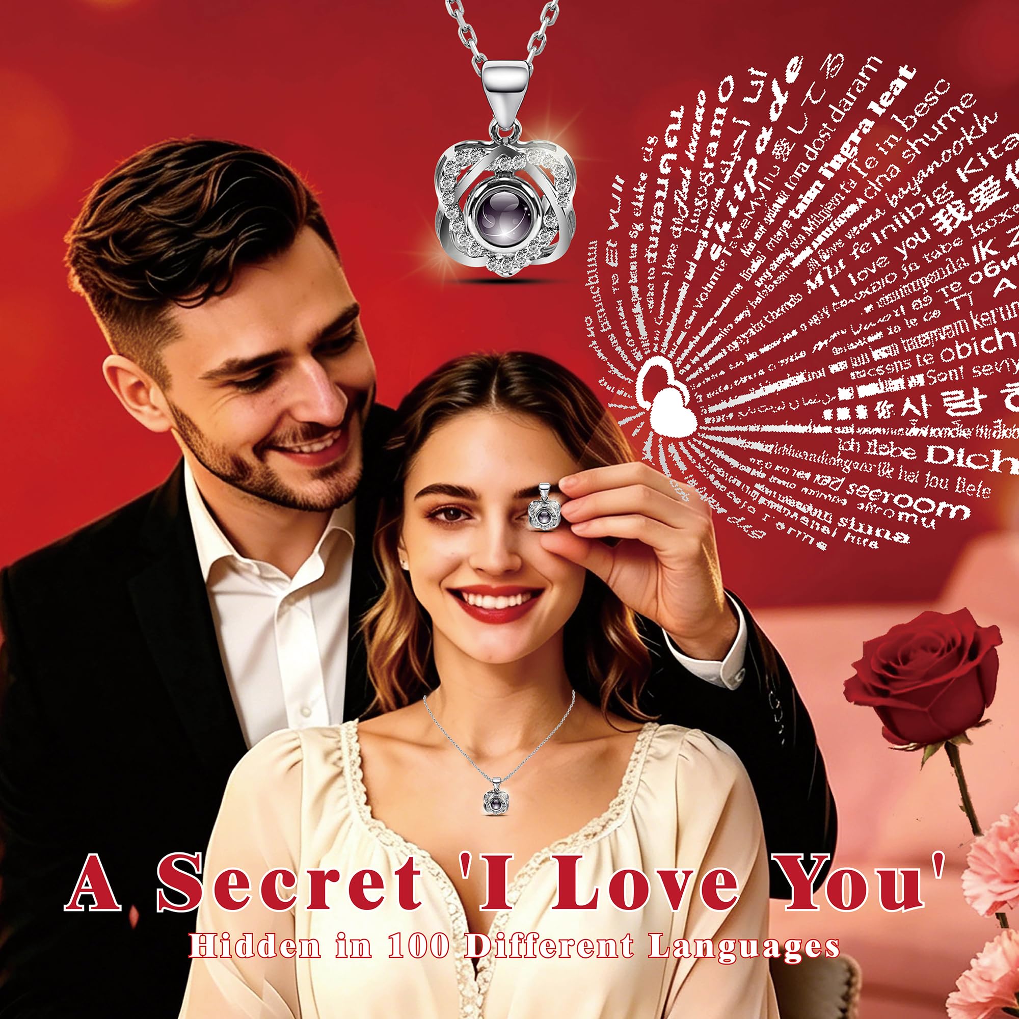 Lebana boîte ouverte sur table montrant rose et collier pour une révélation romantique