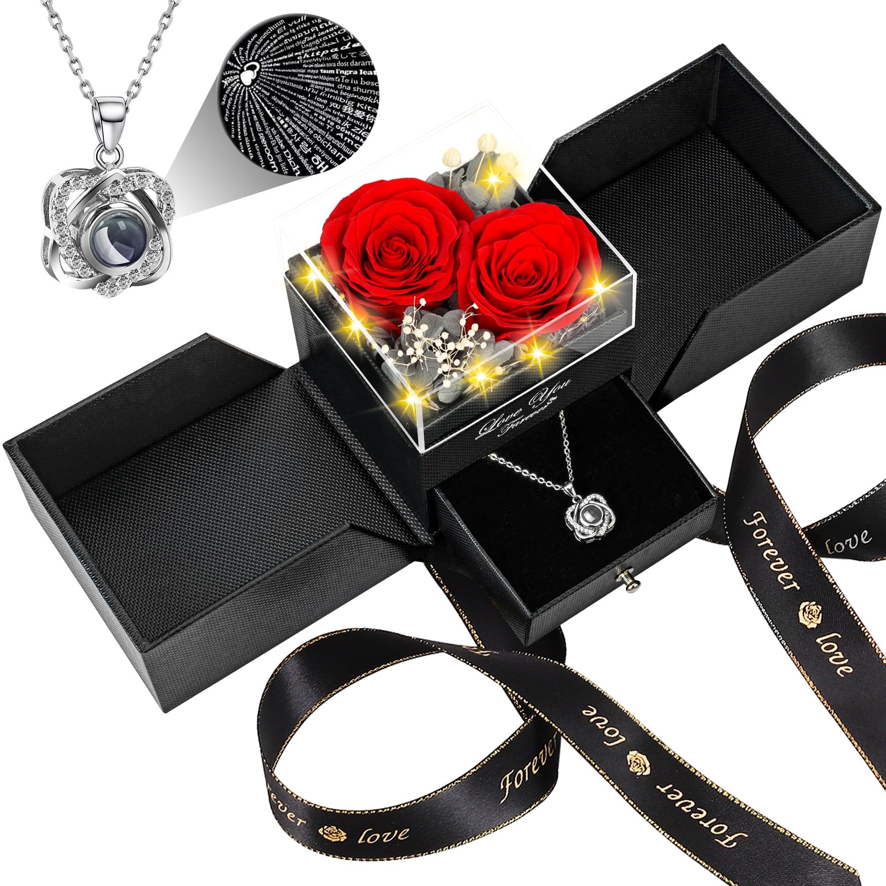 Lebana coffret face ouverte montrant roses préservées et collier, cadeau élégant