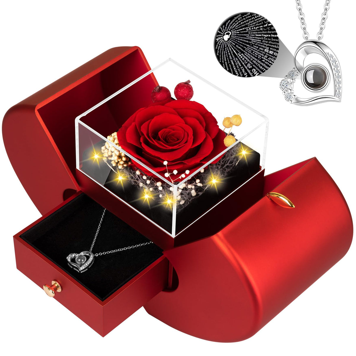 Lebana coffret ouvert avec rose préservée et effet lumineux, cadeau romantique durable