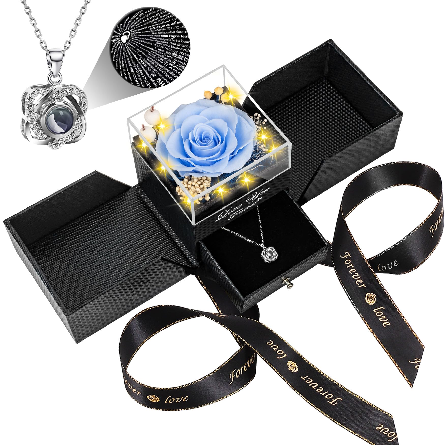 Lebana face du coffret montrant la rose bleue ciel et l’élégance durable