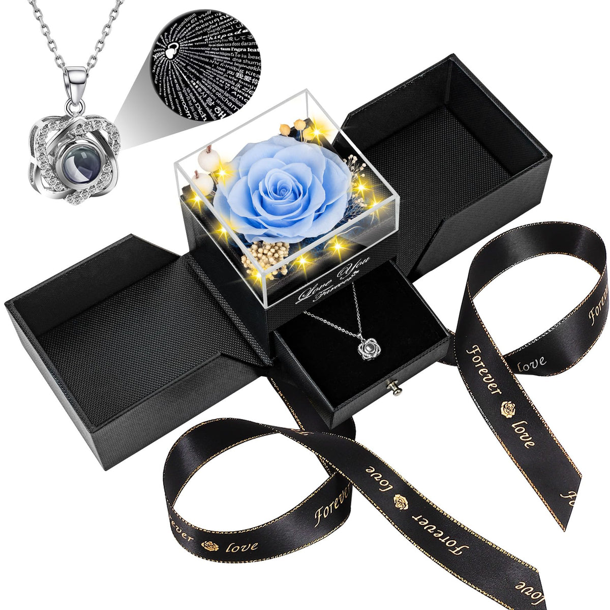 Lebana face du coffret montrant la rose bleue ciel et l’élégance durable