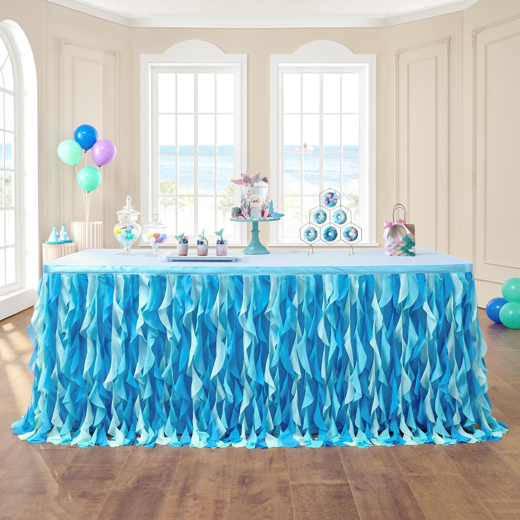leegleri jupe de table bleu face montrant effet océan et ambiance festive