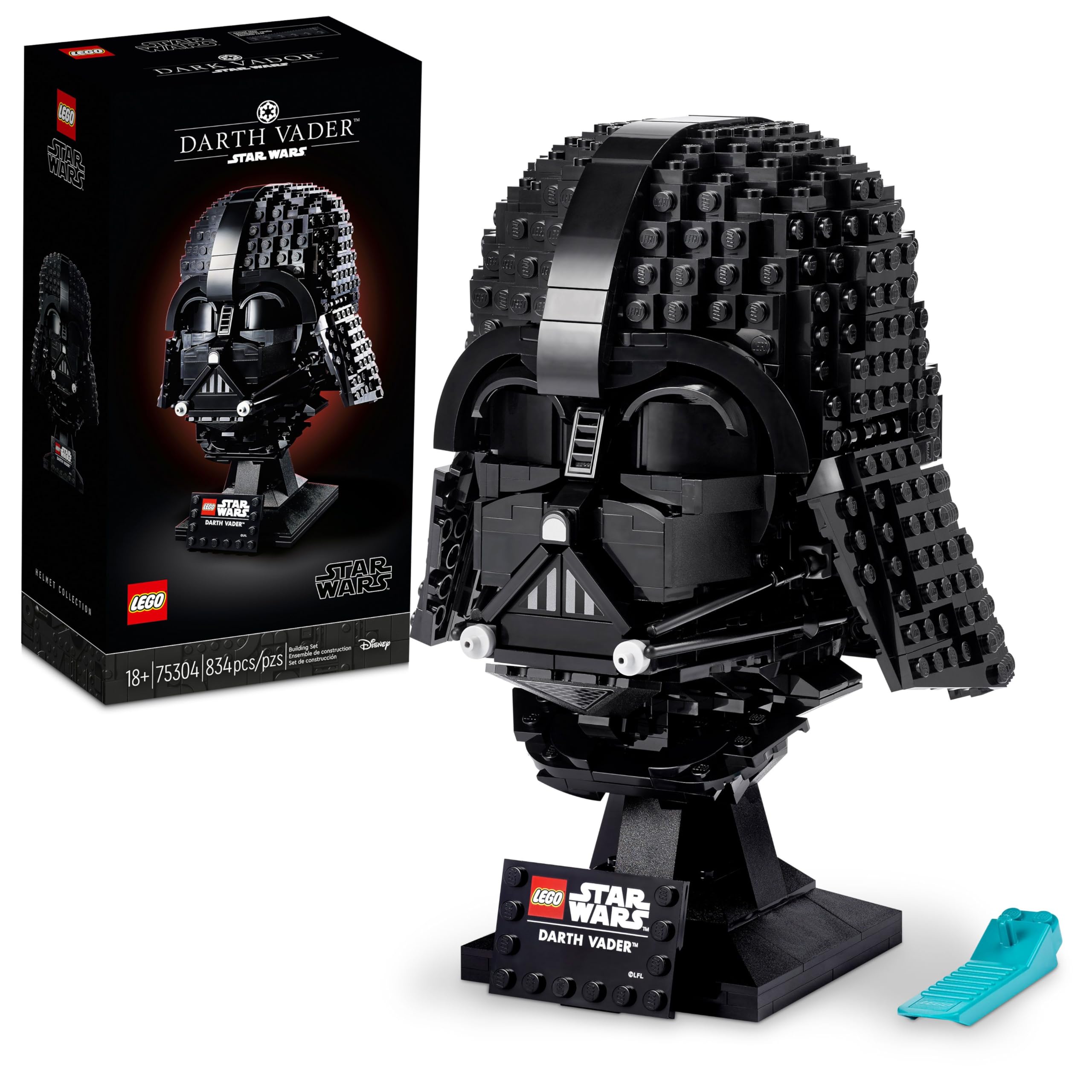 LEGO casque Darth Vader face sur socle, rendu décoratif élégant
