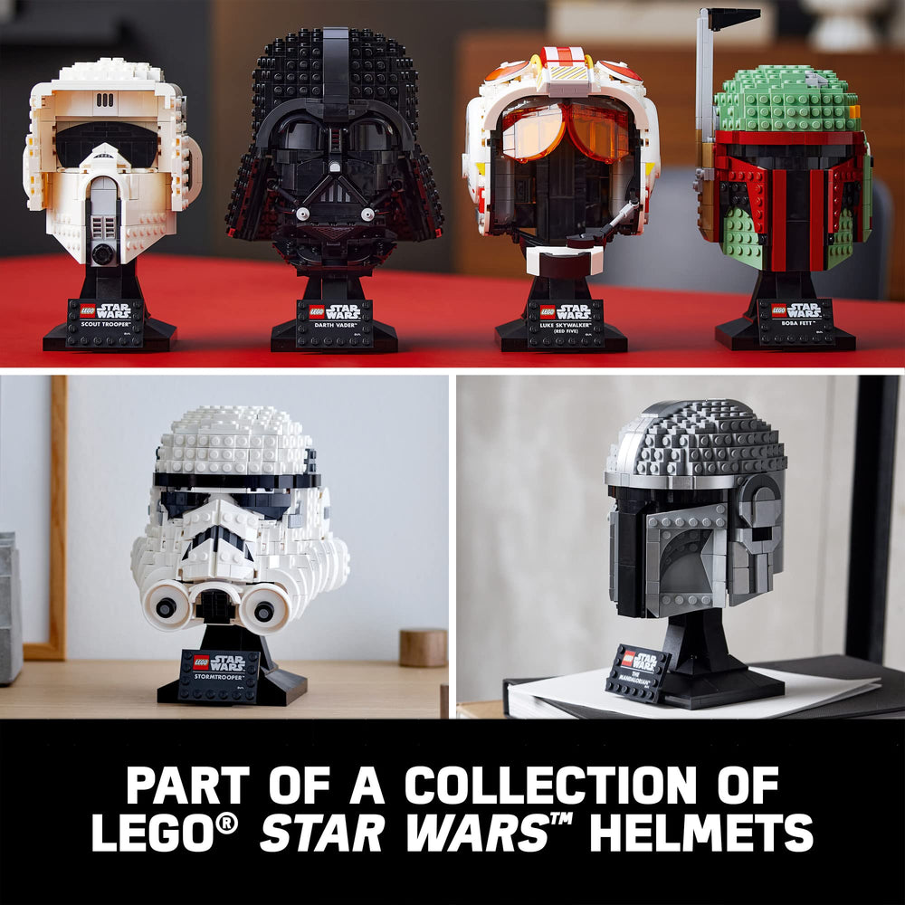 LEGO casque Darth Vader exposé dans un salon, pièce décorative marquante