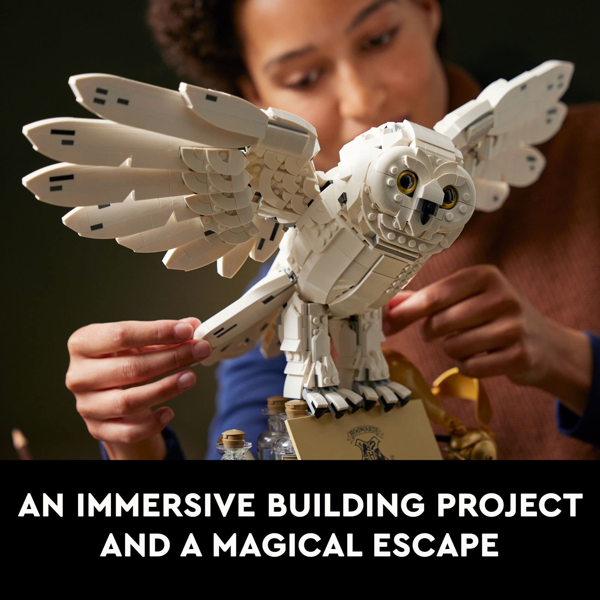 LEGO Hedwig tenant la lettre d'invitation sur le sommet, ajoute un point focal magique
