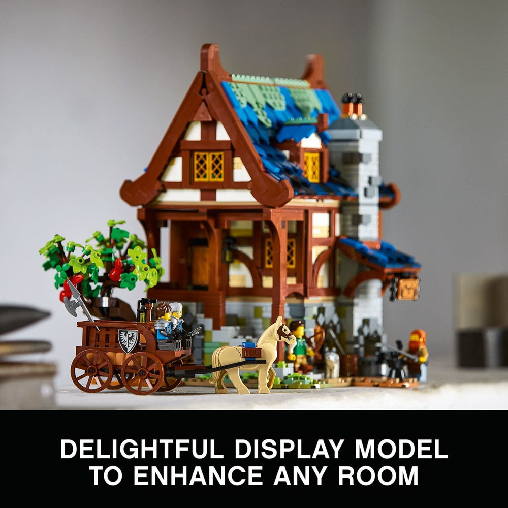 LEGO forge éclairée avec brique lumineuse, ambiance chaleureuse et réaliste