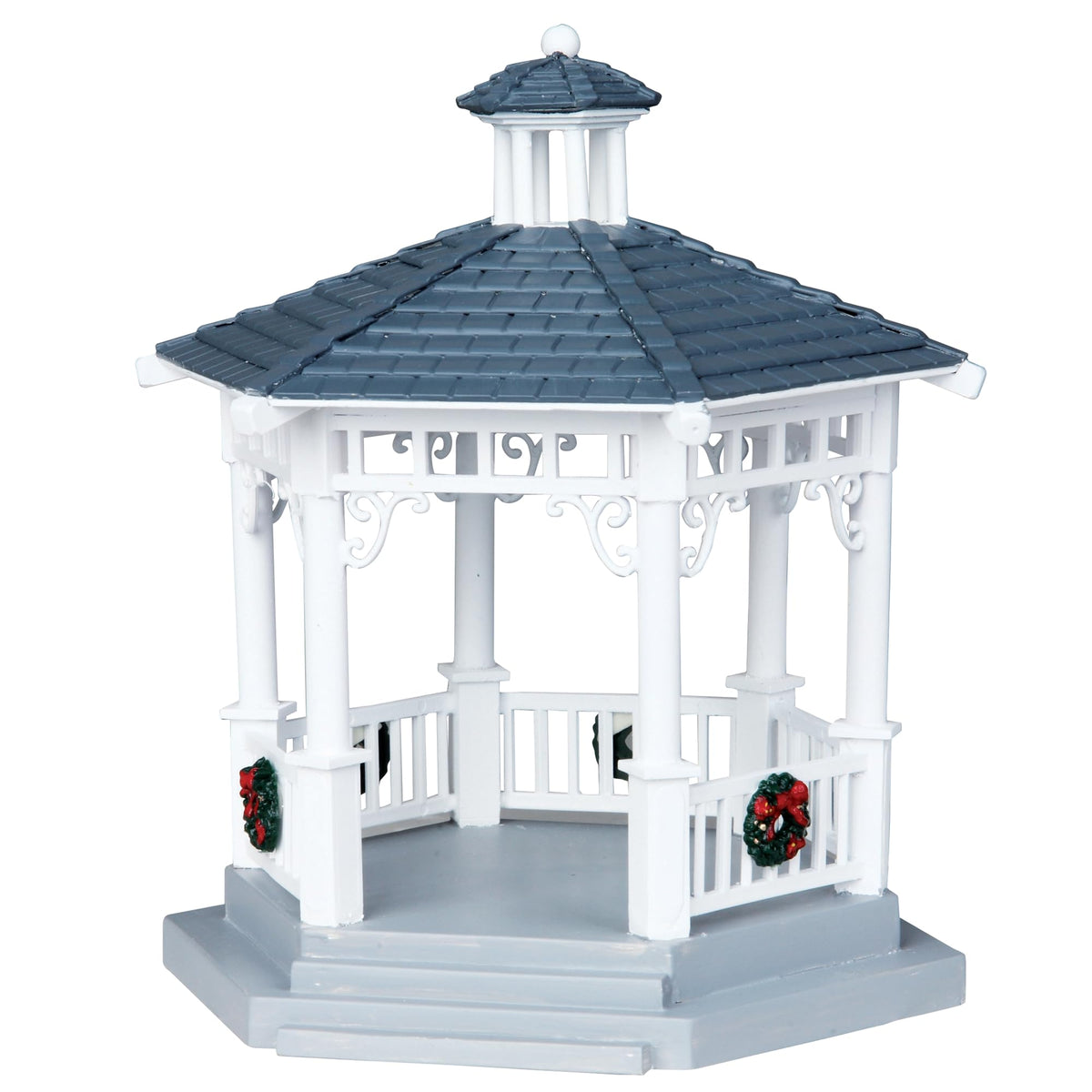 Lemax gazebo vue de face montrant décor et cinq couronnes pour atmosphère chaleureuse