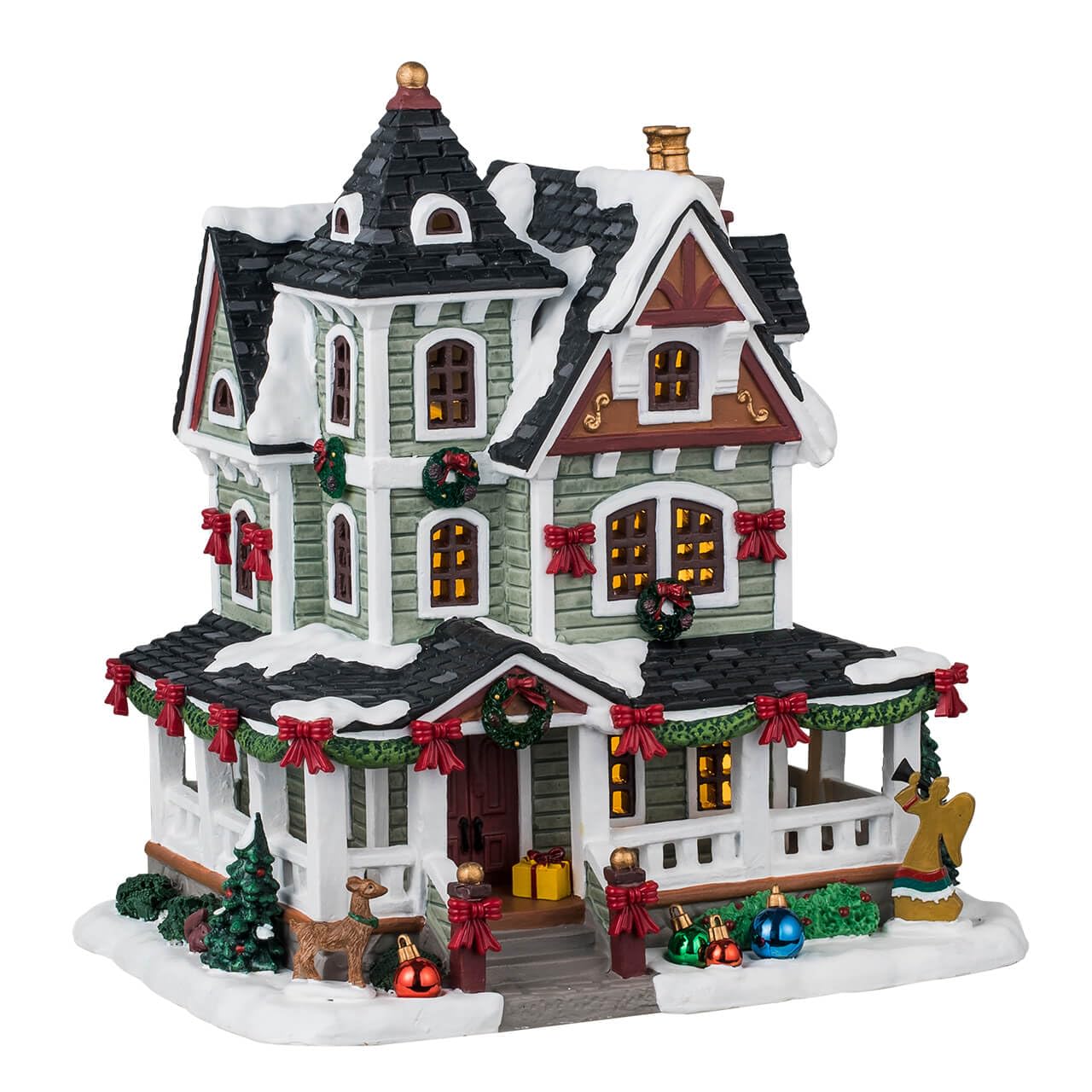 Lemax Whitbey Residence façade avant illuminée montrant une scène de Noël conviviale