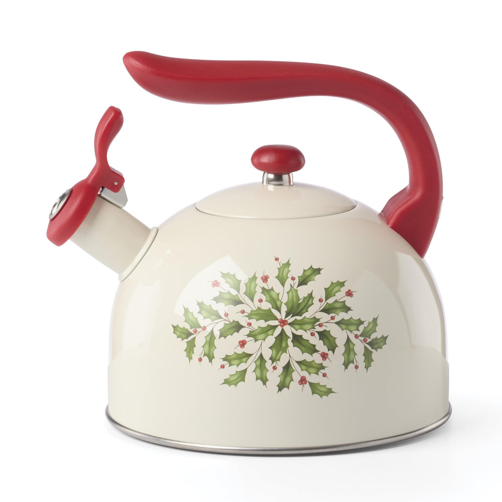 Lenox bouilloire Holiday face avant montrant motif houx et baies pour une table festive