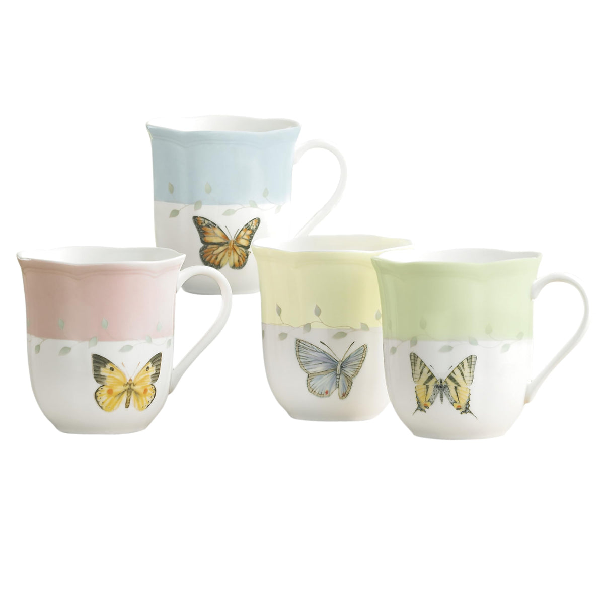 Lenox mug devant ensemble montrant quatre papillons, ajoute charme à table