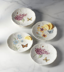 Lenox ensemble de six assiettes Butterfly Meadow alignées illustrant variété des papillons