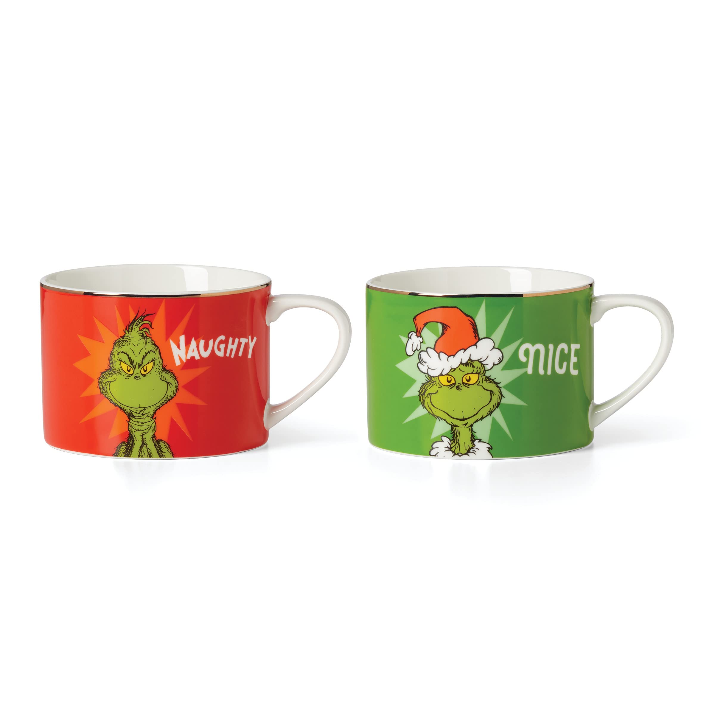 Lenox mugs face avant montrant Grinch naughty et nice et apport festif
