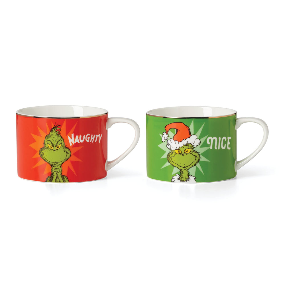 Lenox mugs face avant montrant Grinch naughty et nice et apport festif