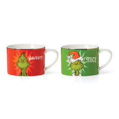 Lenox mugs face avant montrant Grinch naughty et nice et apport festif