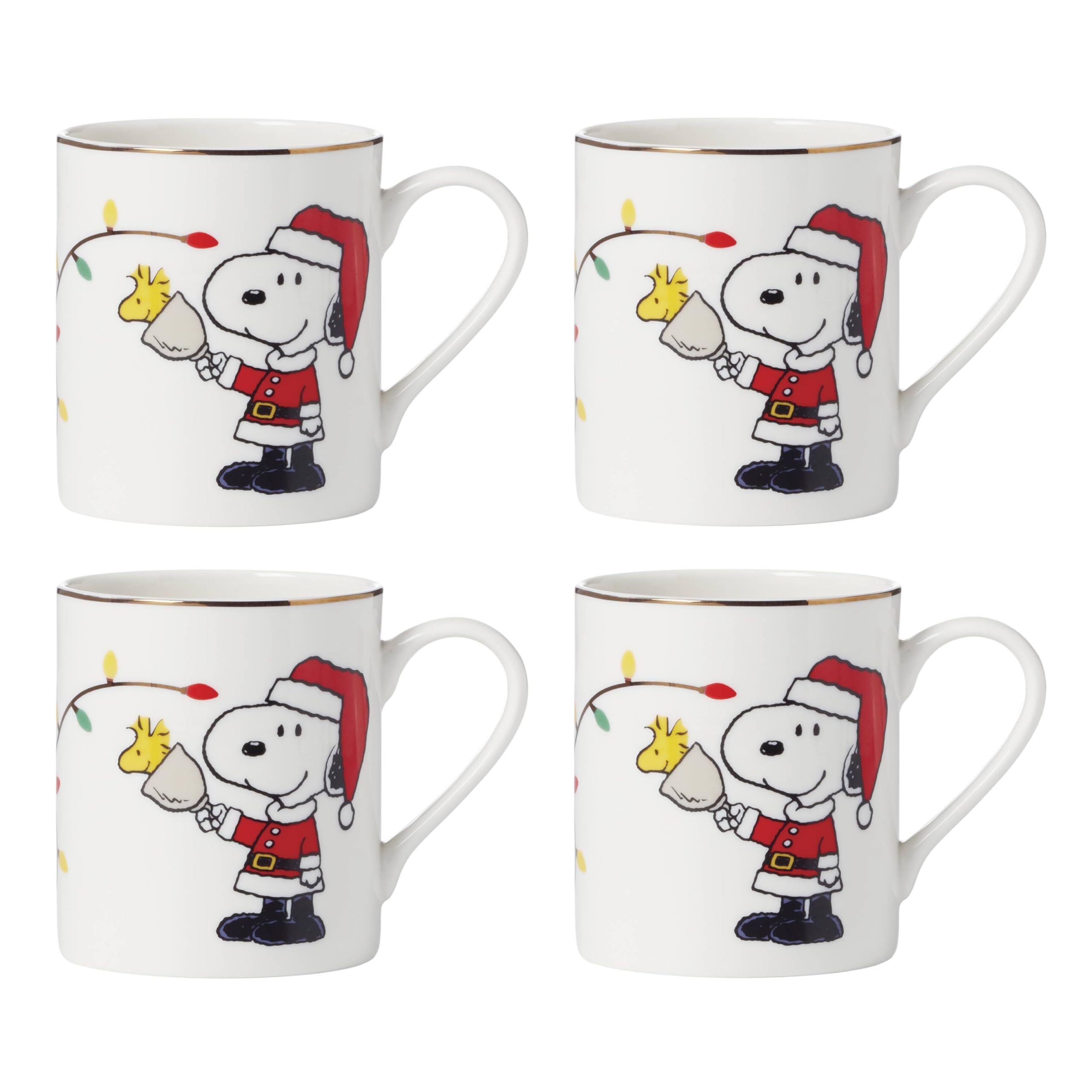 Lenox mug Snoopy ensemble de quatre montrant la face et la décoration festive pour partager