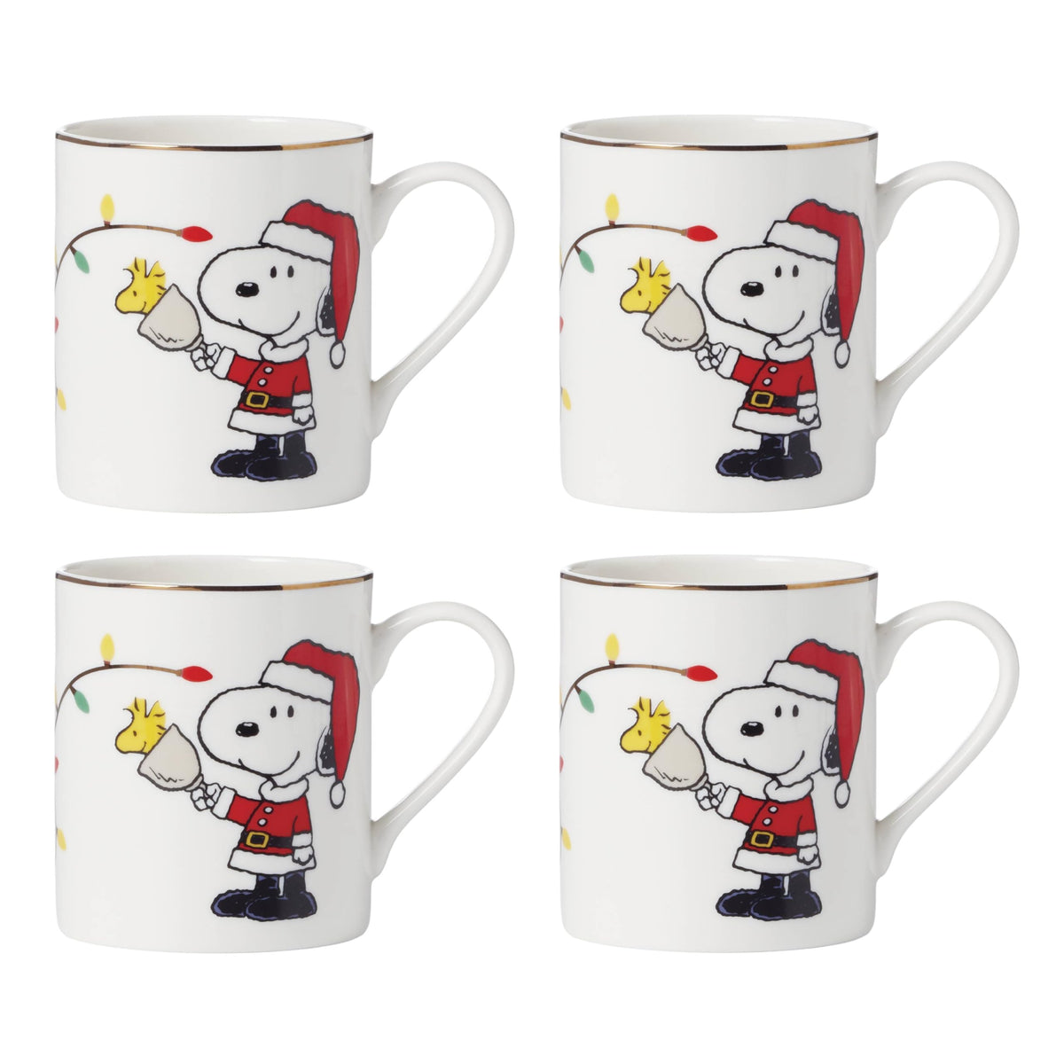 Lenox mug Snoopy ensemble de quatre montrant la face et la décoration festive pour partager