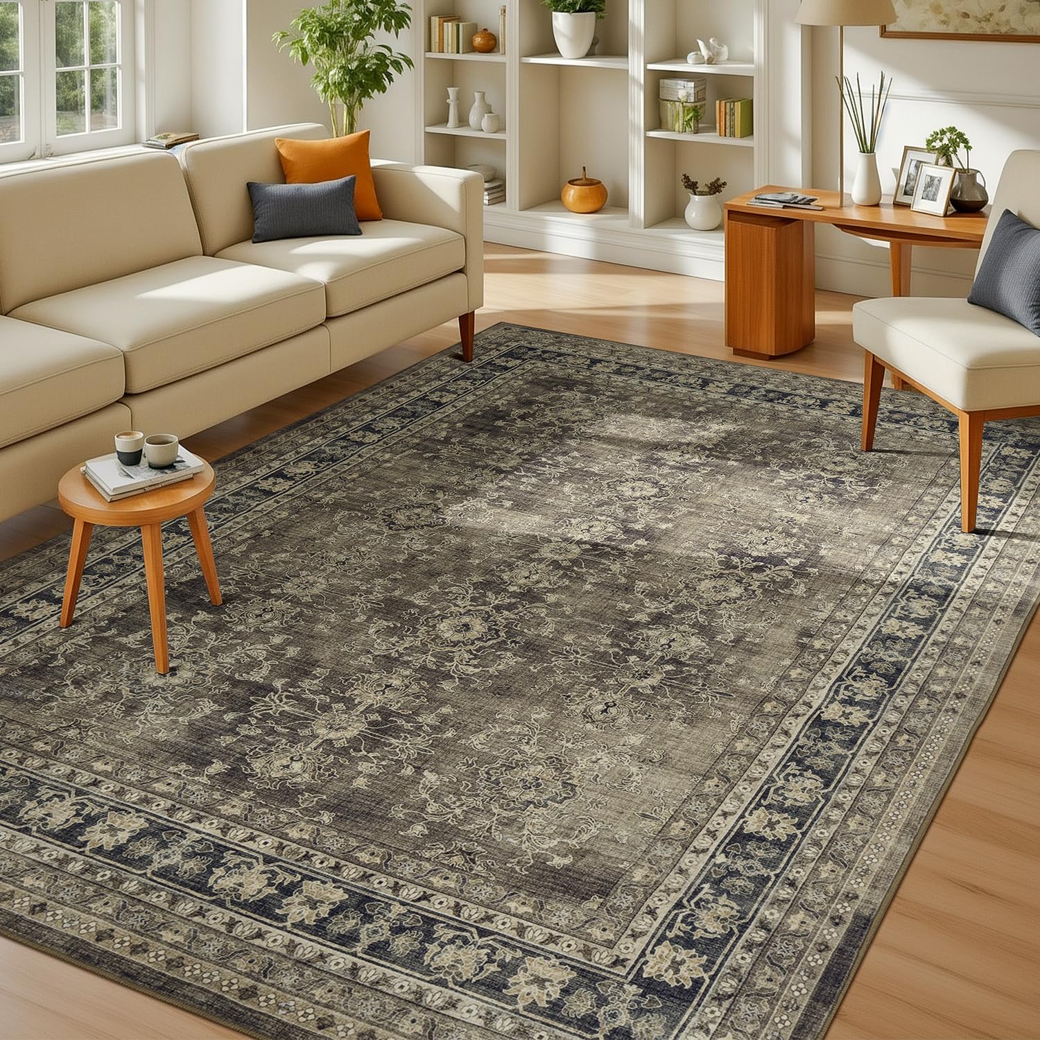 Lessymo vue de face du tapis 5x7 montrant le motif vintage et finition nette