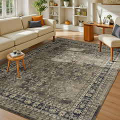 Lessymo vue de face du tapis 5x7 montrant le motif vintage et finition nette