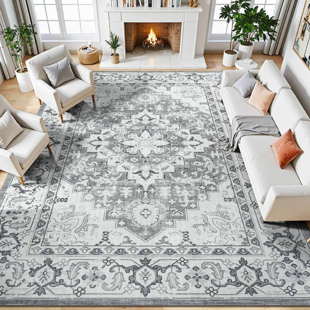 Lessymo vue avant du tapis 8x10 montrant motif floral et fini élégant