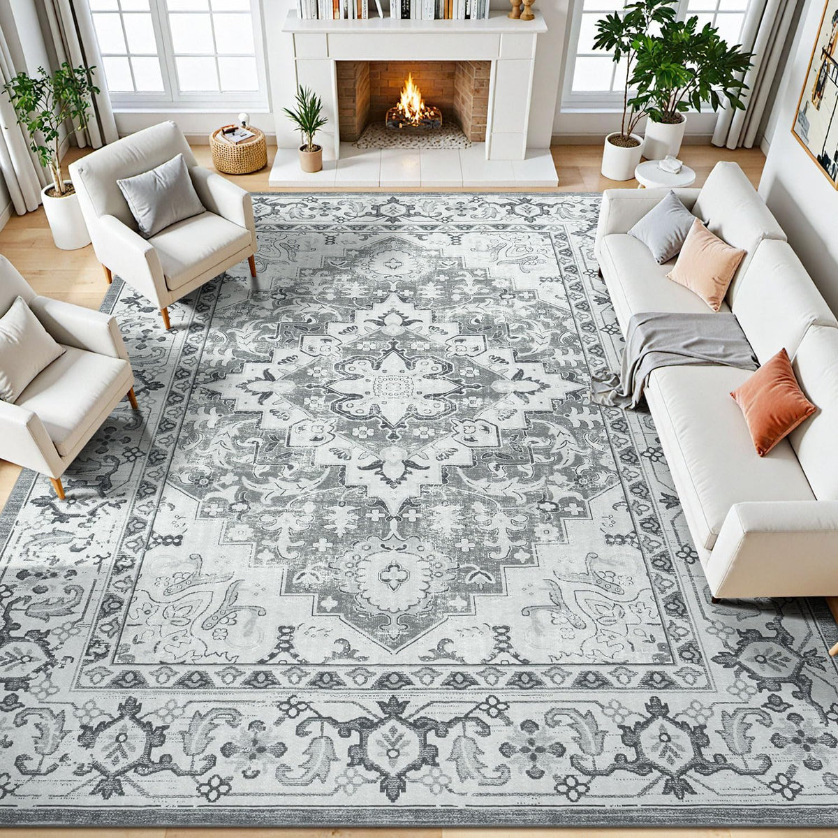 Lessymo vue avant du tapis 8x10 montrant motif floral et fini élégant