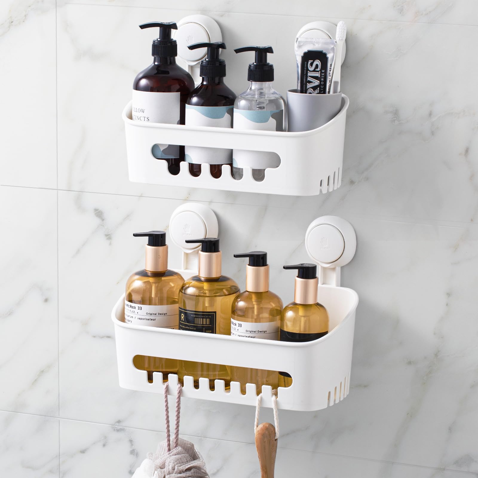 LEVERLOC panier de douche face avant montrant rangement organisé et gain de place