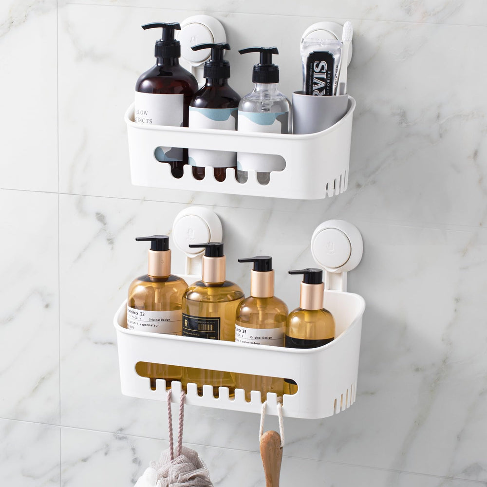LEVERLOC panier de douche face avant montrant rangement organisé et gain de place
