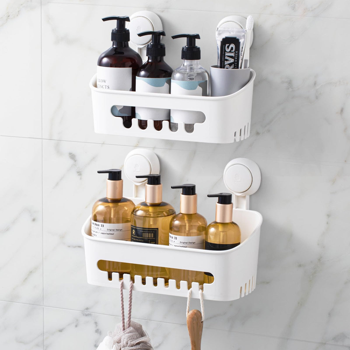 LEVERLOC panier de douche face avant montrant rangement organisé et gain de place
