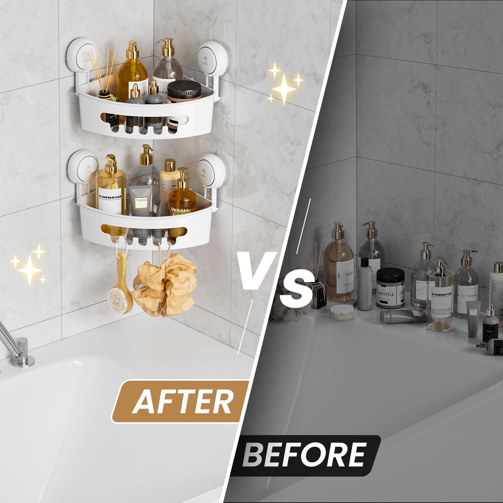LEVERLOC étagère avec shampooings et gels bien organisés