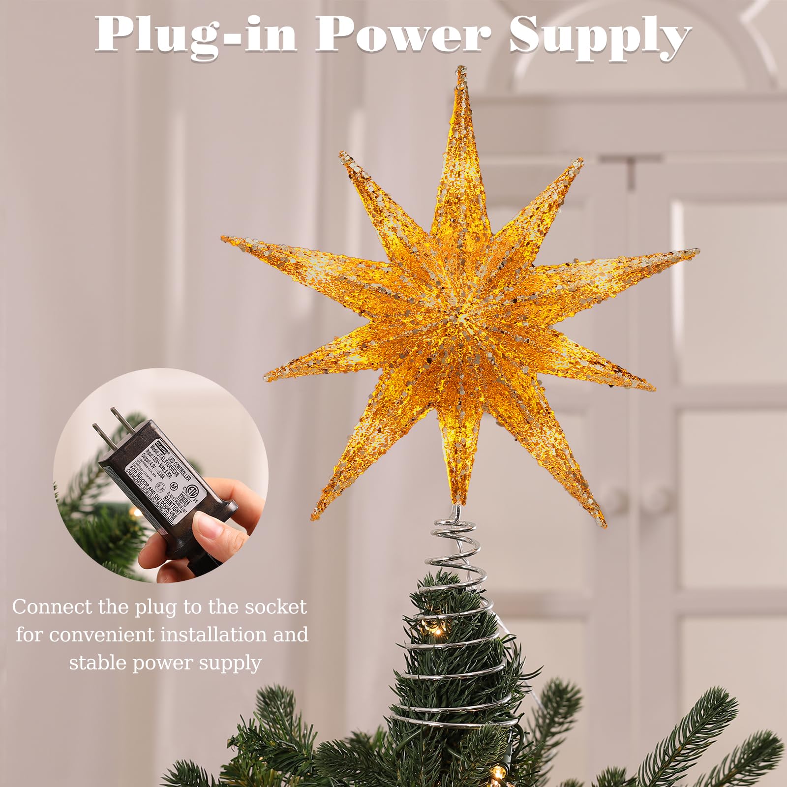 Lewondr étoile installée sur un sapin complet créant point focal lumineux festif