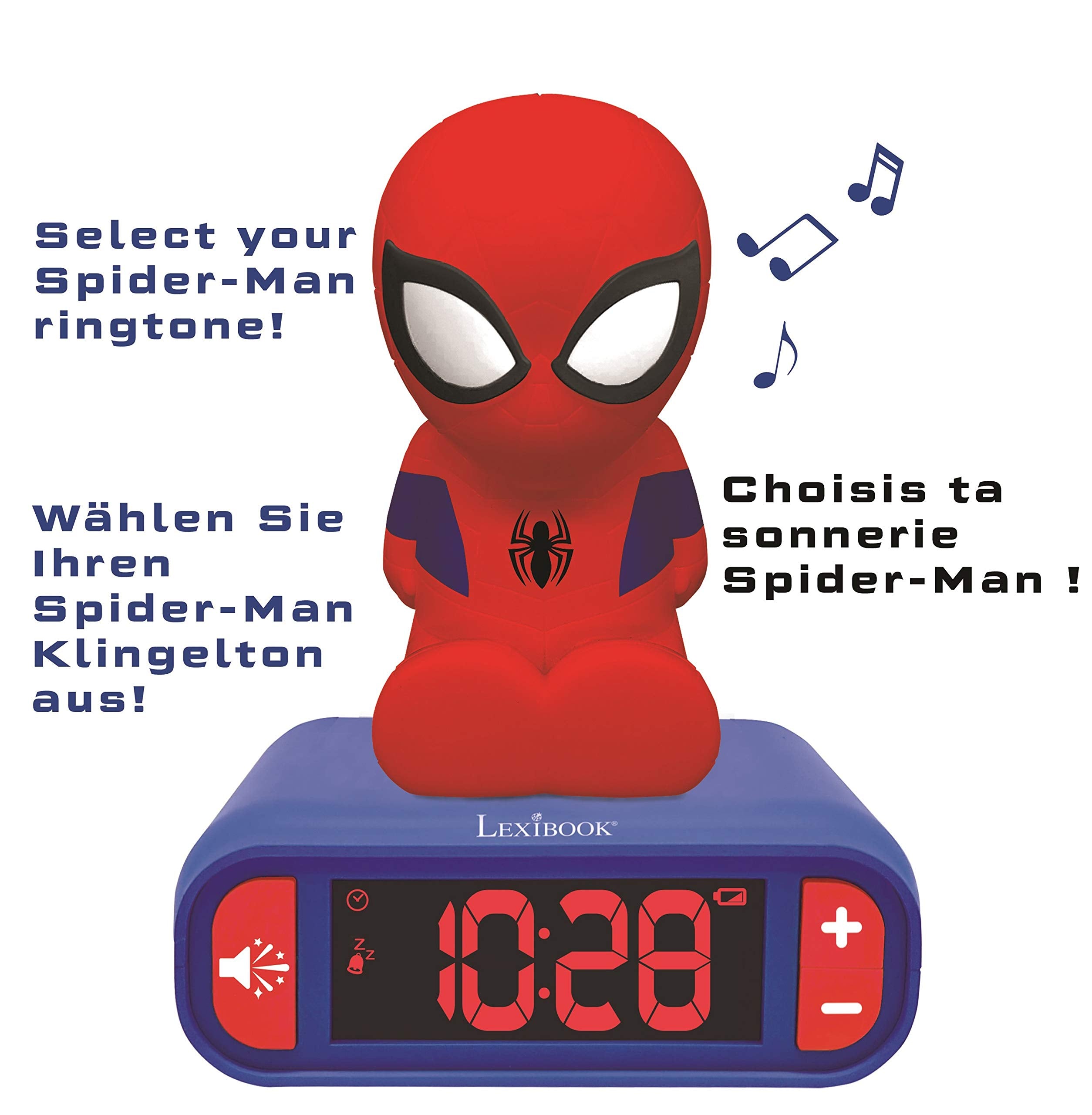 LEXiBOOK réveil Spider‑Man détail du bouton sonore avec accès facile aux effets
