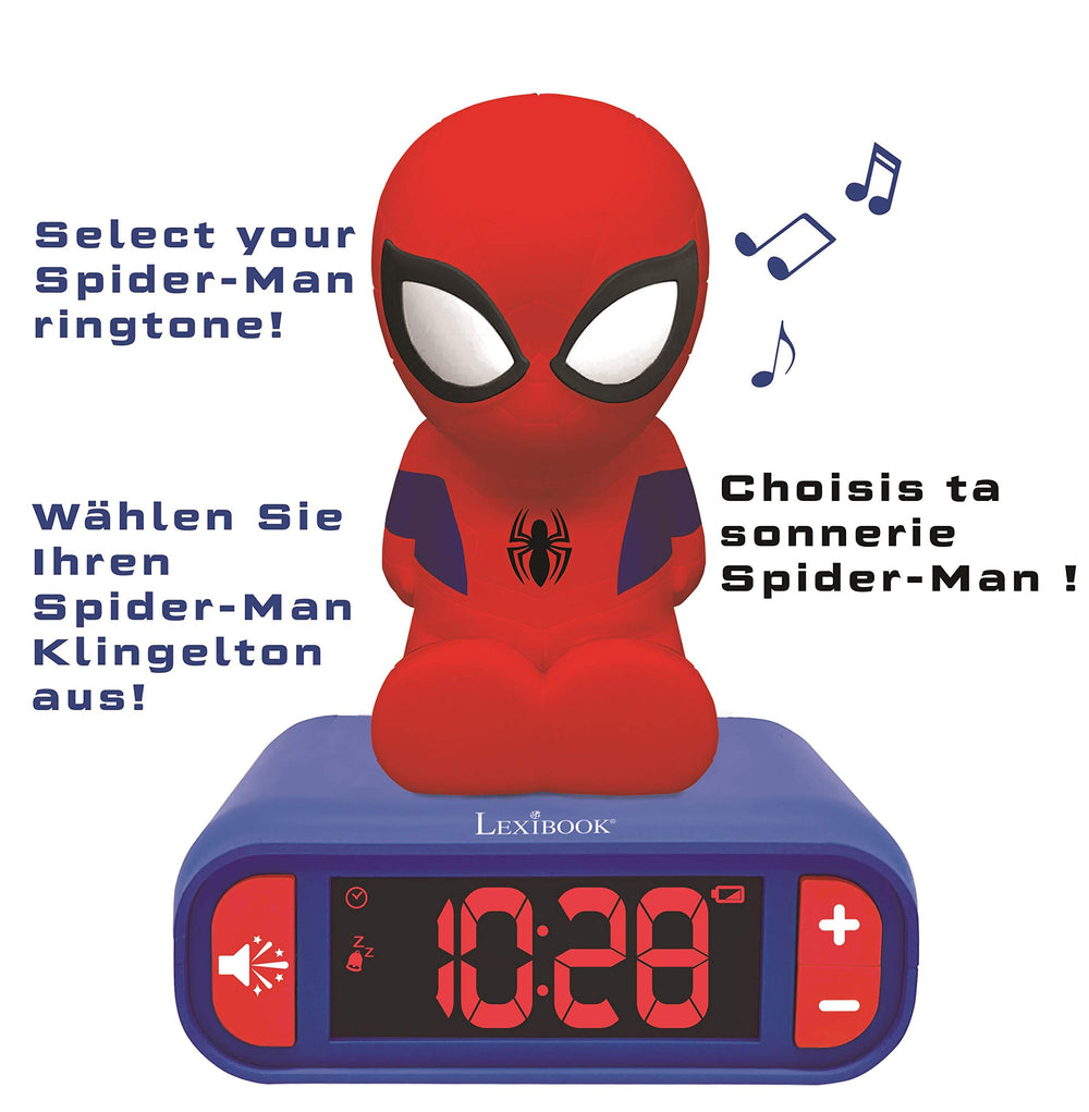 LEXiBOOK réveil Spider‑Man détail du bouton sonore avec accès facile aux effets