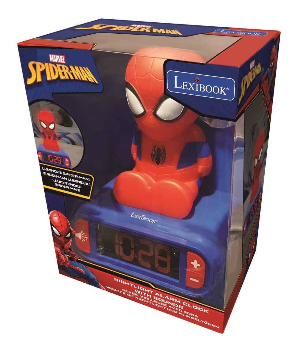 LEXiBOOK réveil Spider‑Man posé sur une table de chevet illustrant l'utilisation quotidienne