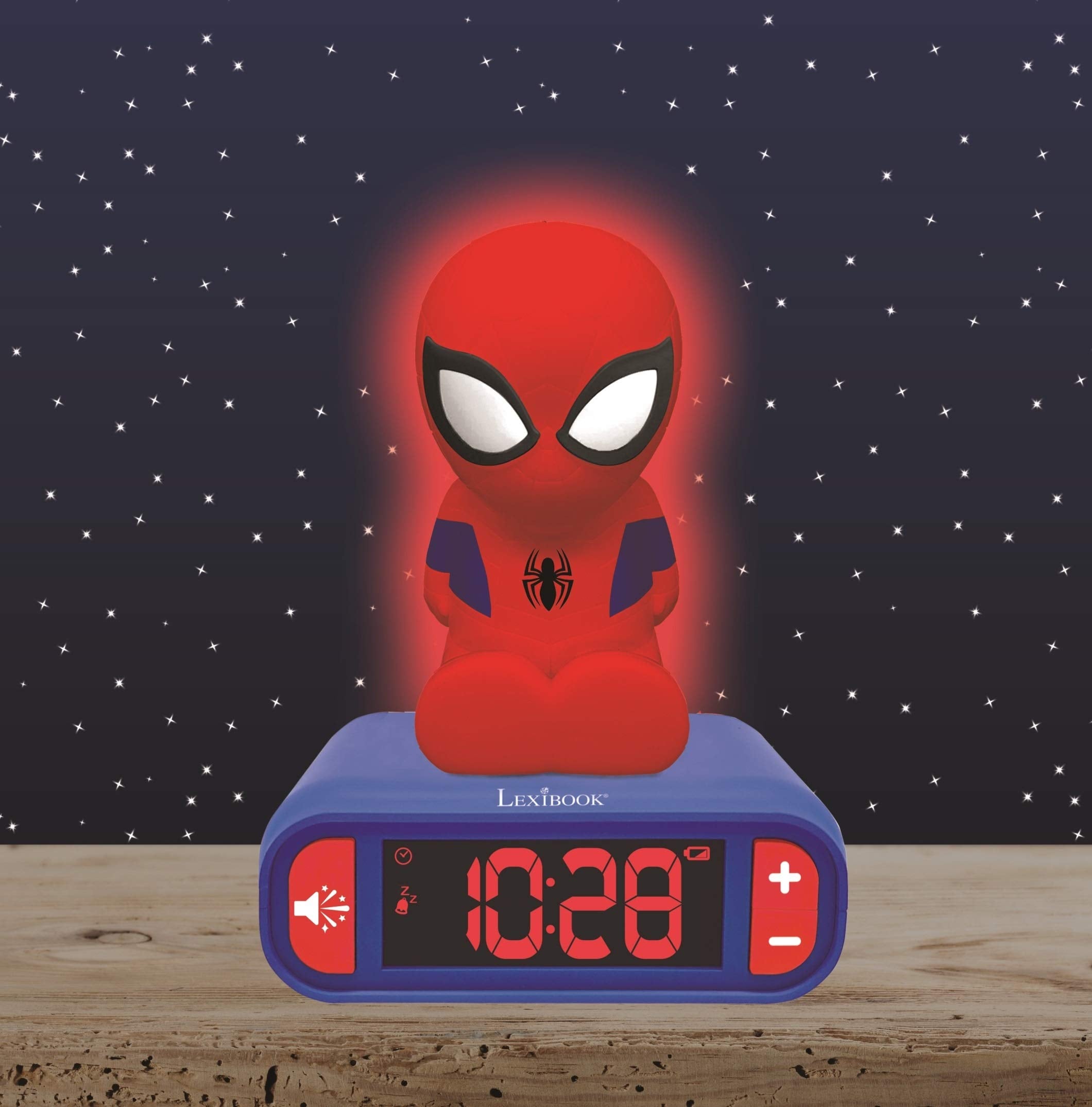 LEXiBOOK réveil Spider‑Man vue de profil sur la figurine avec illumination pratique