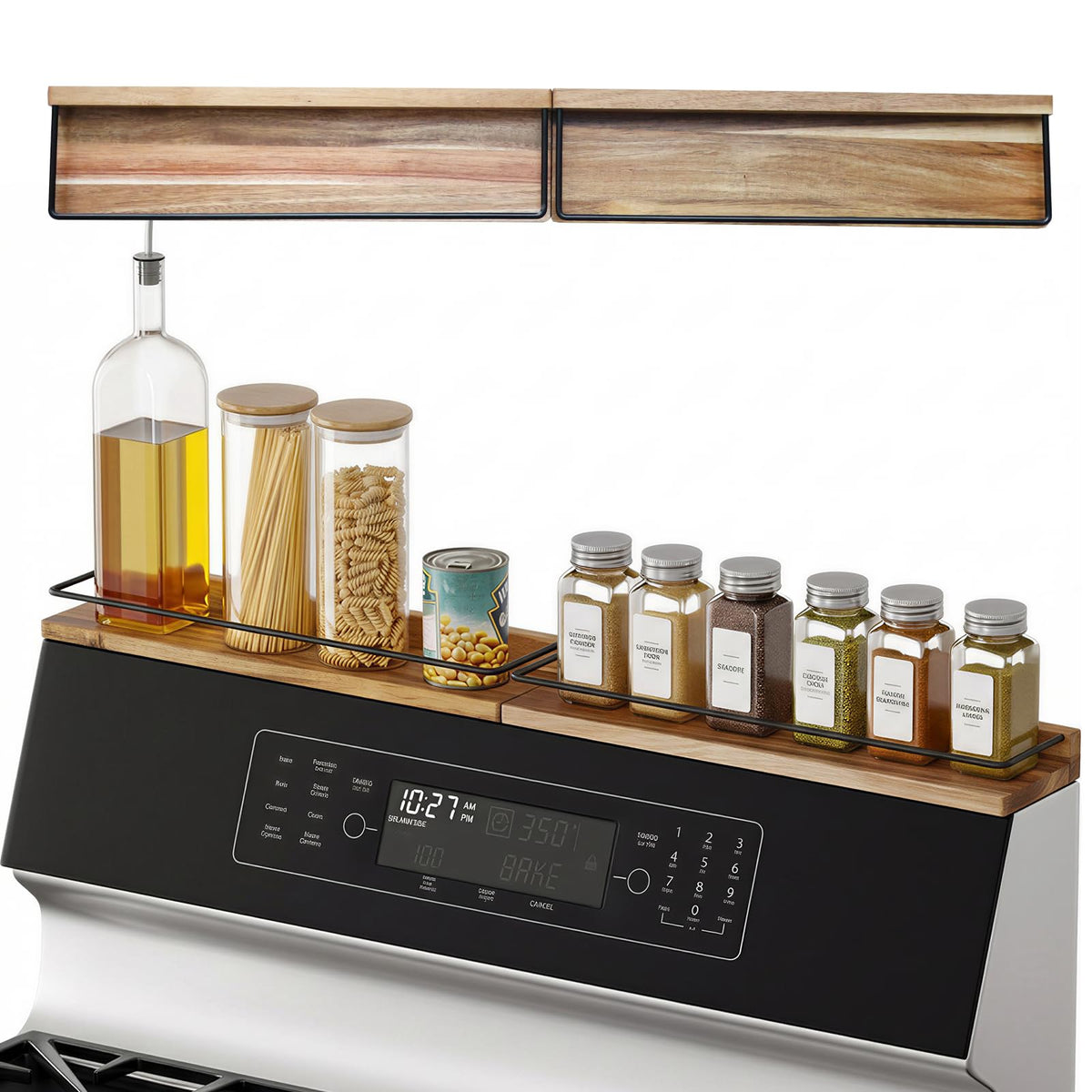 LFILONRO étagère acacia face complète montrant rangement pratique