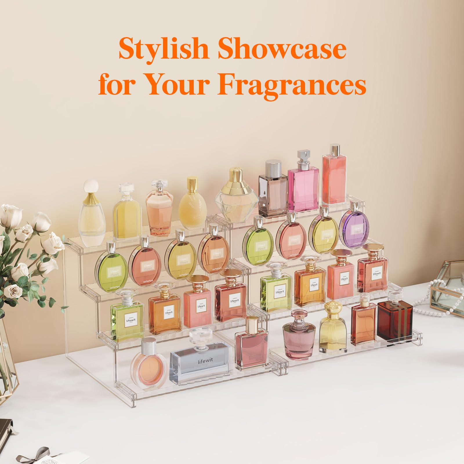 Lifewit présentoir en usage sur une coiffeuse avec parfums et soins bien rangés